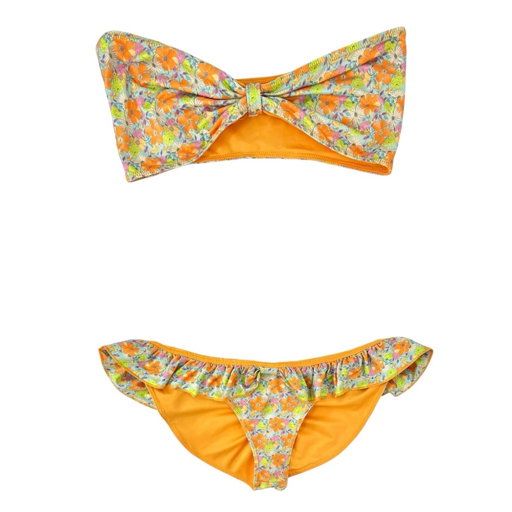 LoveShackFancy 2 Piece Orange Floral Bikini Swim Set Bandeau Top Ruffled Bottom